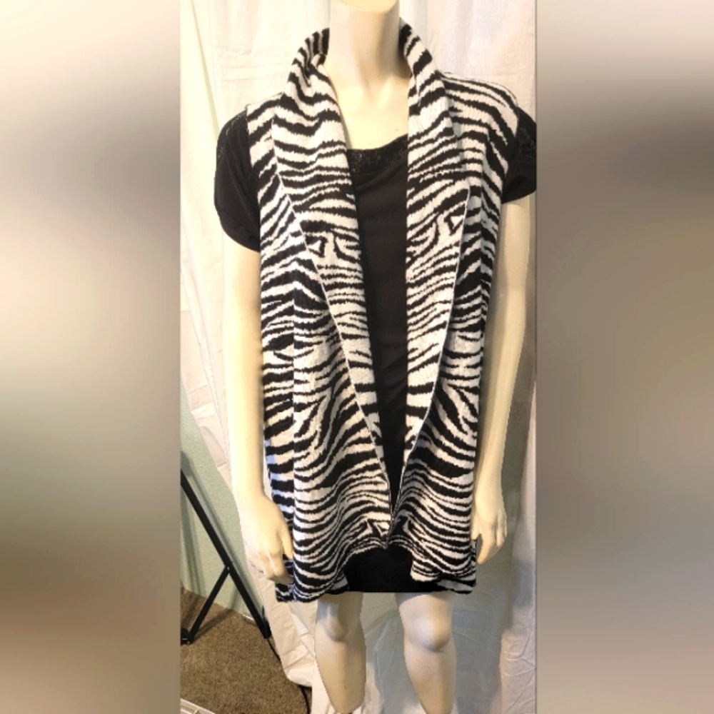 Y2K Cupio Open Front sleeveless Cardigan‎ HIPPIE CHIC Zebra Print Sweater Hi Low